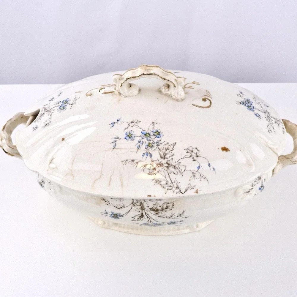 Antique White Ironstone Soup Tureen with Lid - Blue Floral, Hand Signed Base